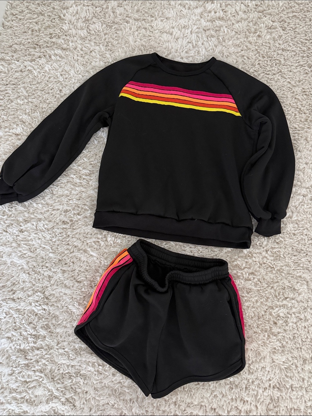 Black Women's Sweatshirt and Shorts Set with Pink & Yellow Stripe